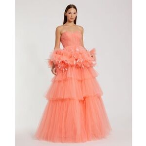 Mac Duggal Coral Strapless Tulle Gown with Feather Detail